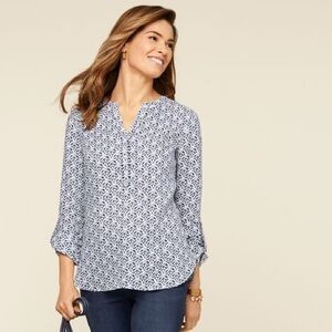 Talbots Linen Navy & White Camp Shirt Tile Printed Blouse XS